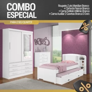 Combo. Roupeiro Meridian 2 Portas + Cômoda Firenze + Cama Solteiro Milênio com Cama Auxiliar 2 Gavetas ( Colchão Vendido Separadamente)