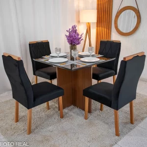 Mesa Helo 90 x 90 Vidro Preto com 4 cadeiras Lisboa