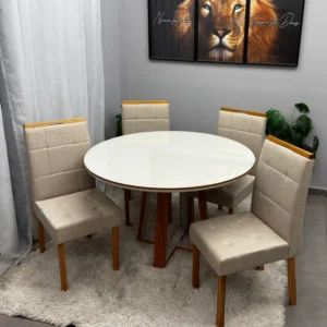 Mesa Atlanta 120 x 120 com 4 Cadeiras Giulia Linho