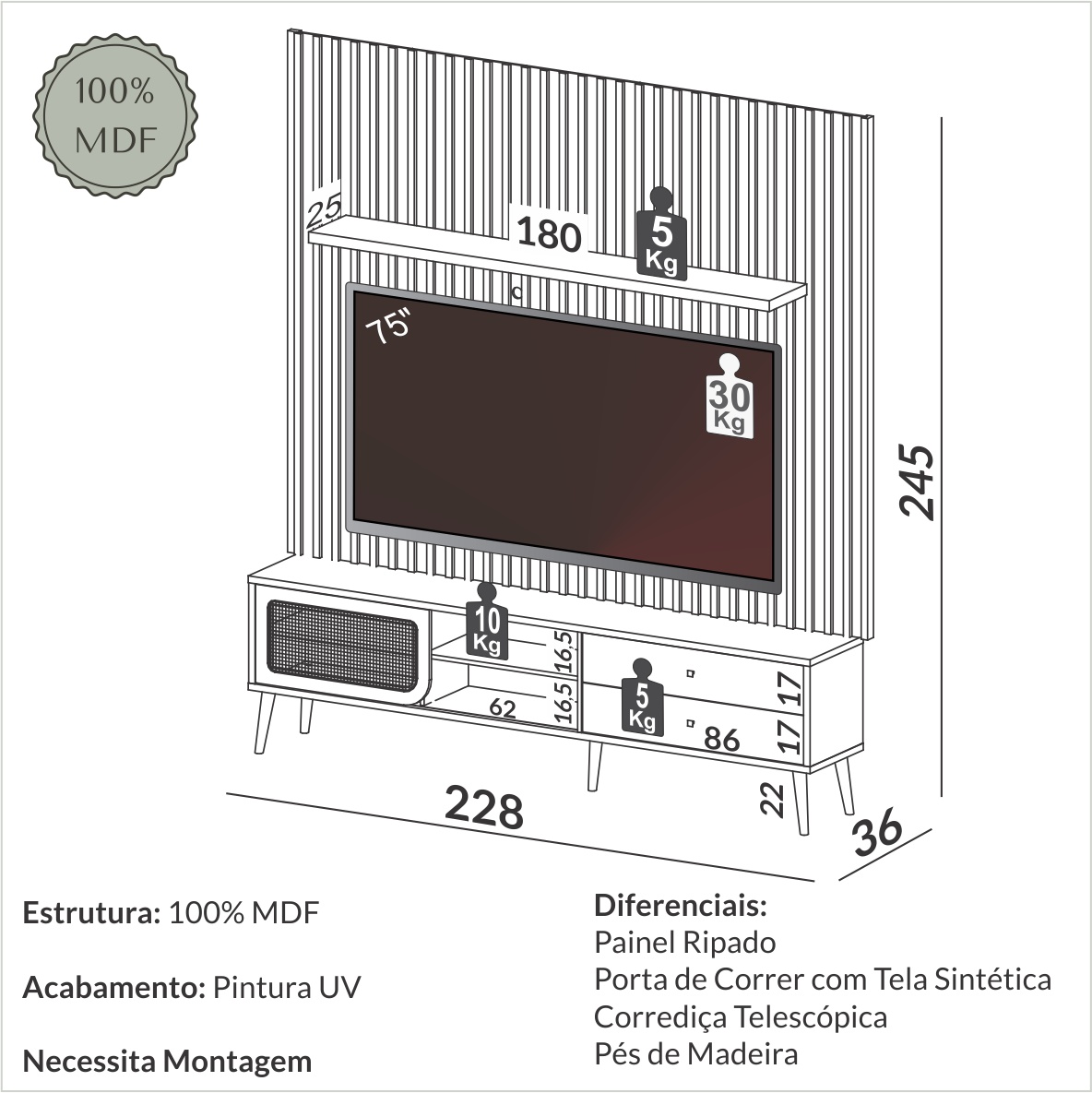 Painel + Rack até 75″ TB346F Freijó – DALLA COSTA - Image 4