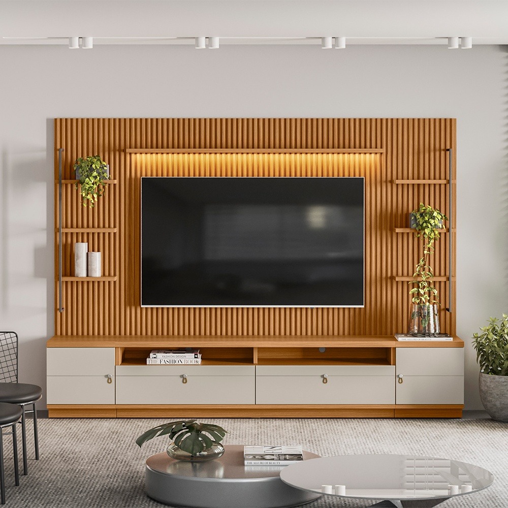 Painel + Rack + Dois Módulos Laterais Ouro Preto Nature/Off White – LINEA BRASIL - Image 9