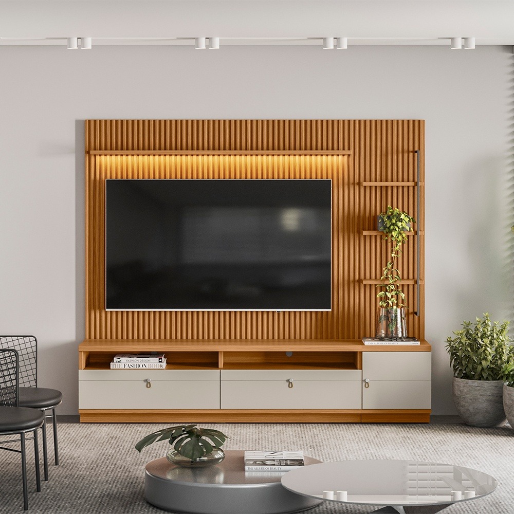 Painel até 75″ + Rack + Módulo Lateral Ouro Preto Nature/Off White – LINEA BRASIL