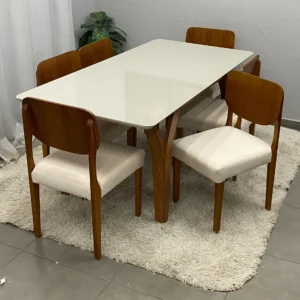 Mesa de Jantar Agata 180x90cm com Vidro e 6 Cadeiras Barcelona em Linho