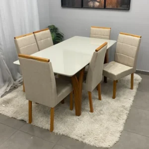 Mesa de Jantar Agata 180x90cm com Vidro e 6 Cadeiras Giulia
