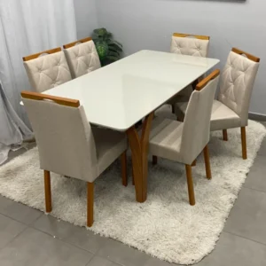 Mesa de Jantar Agata 180x90cm com Vidro e 6 Cadeiras Jasmim