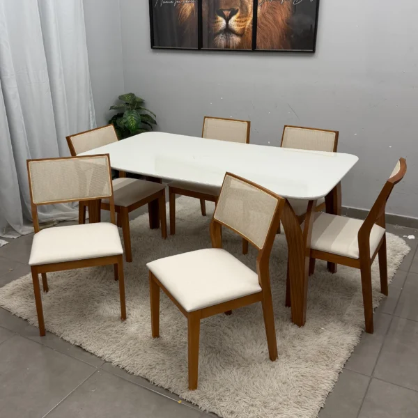 Mesa de Jantar Agata 180x90cm com Vidro e 6 Cadeiras Oiti