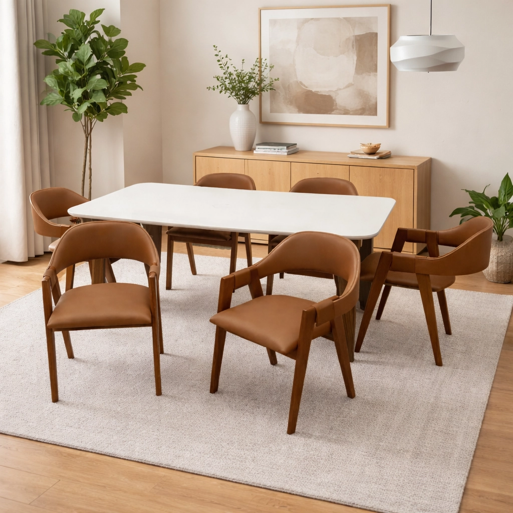Mesa de Jantar Agata 180x90cm com Vidro e 6 Cadeiras Perola em Corino