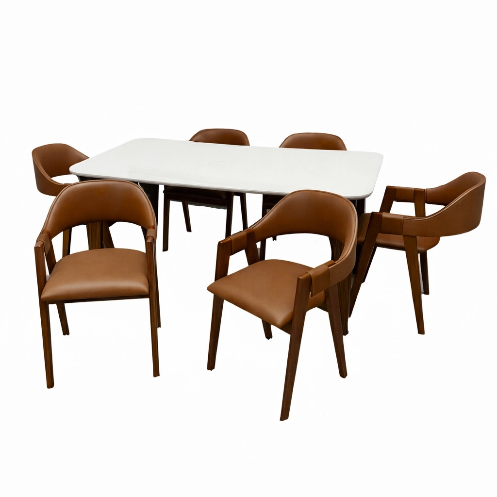Mesa de Jantar Agata 180x90cm com Vidro e 6 Cadeiras Perola em Corino - Image 2