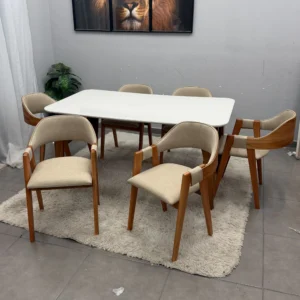 Mesa de Jantar Agata 180x90cm com Vidro e 6 Cadeiras Perola Linho