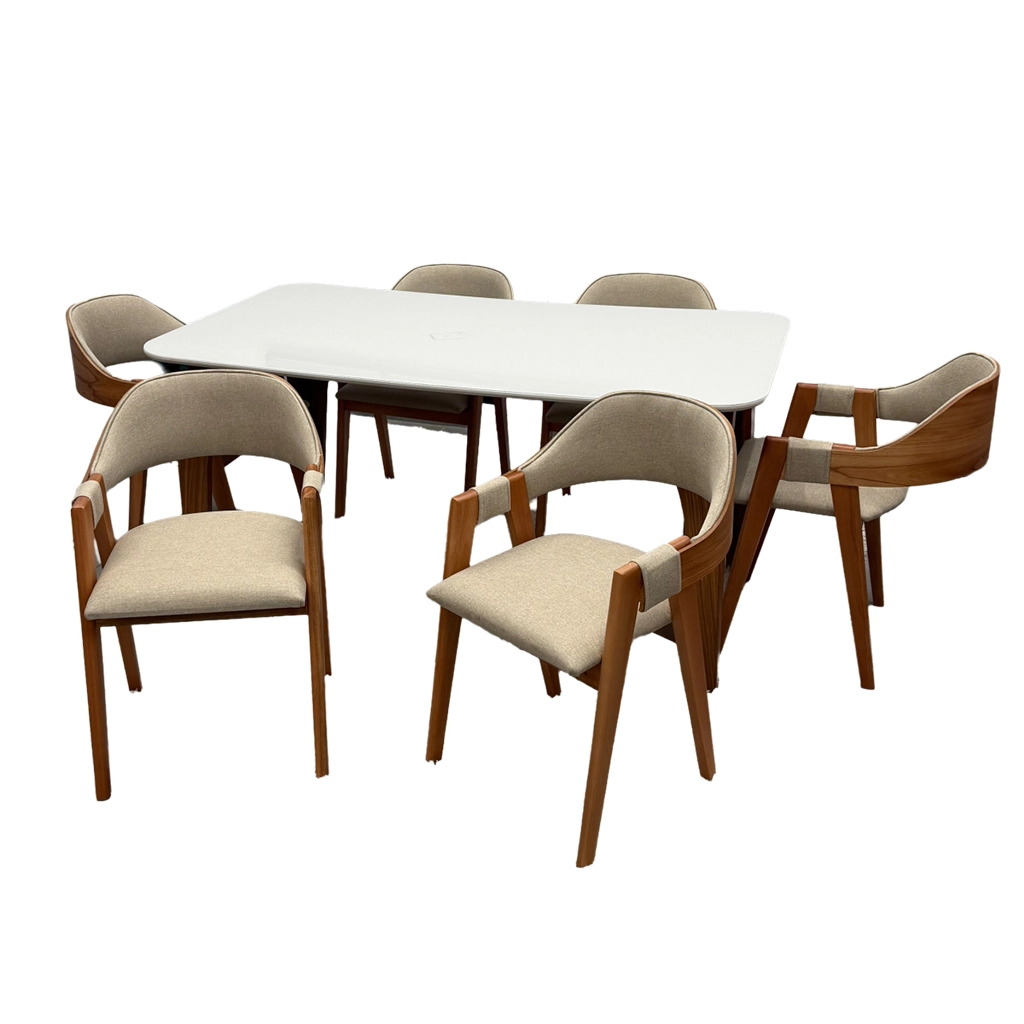Mesa de Jantar Agata 180x90cm com Vidro e 6 Cadeiras Perola Linho - Image 3