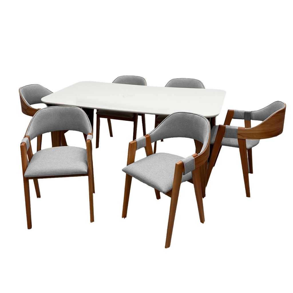 Mesa de Jantar Agata 180x90cm com Vidro e 6 Cadeiras Perola Linho - Image 2