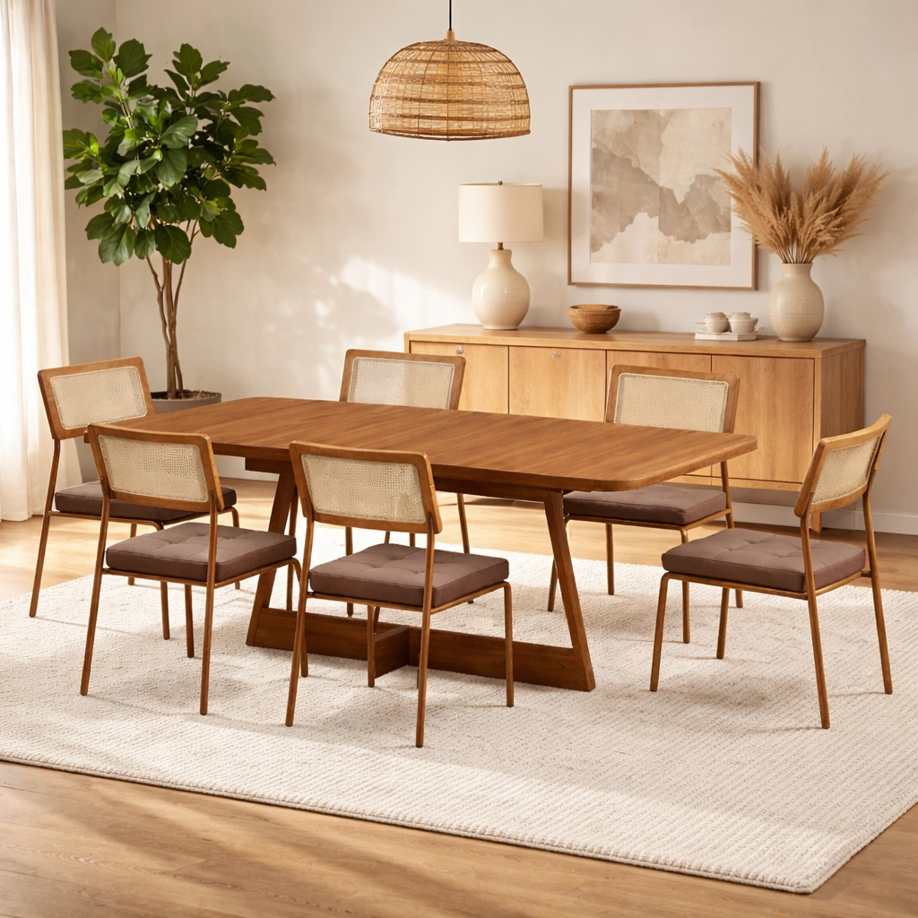 Mesa de Jantar Atria 160x90cm com 6 Cadeiras 1741 Lux em Aço Tubular Tecido Corino Carraro