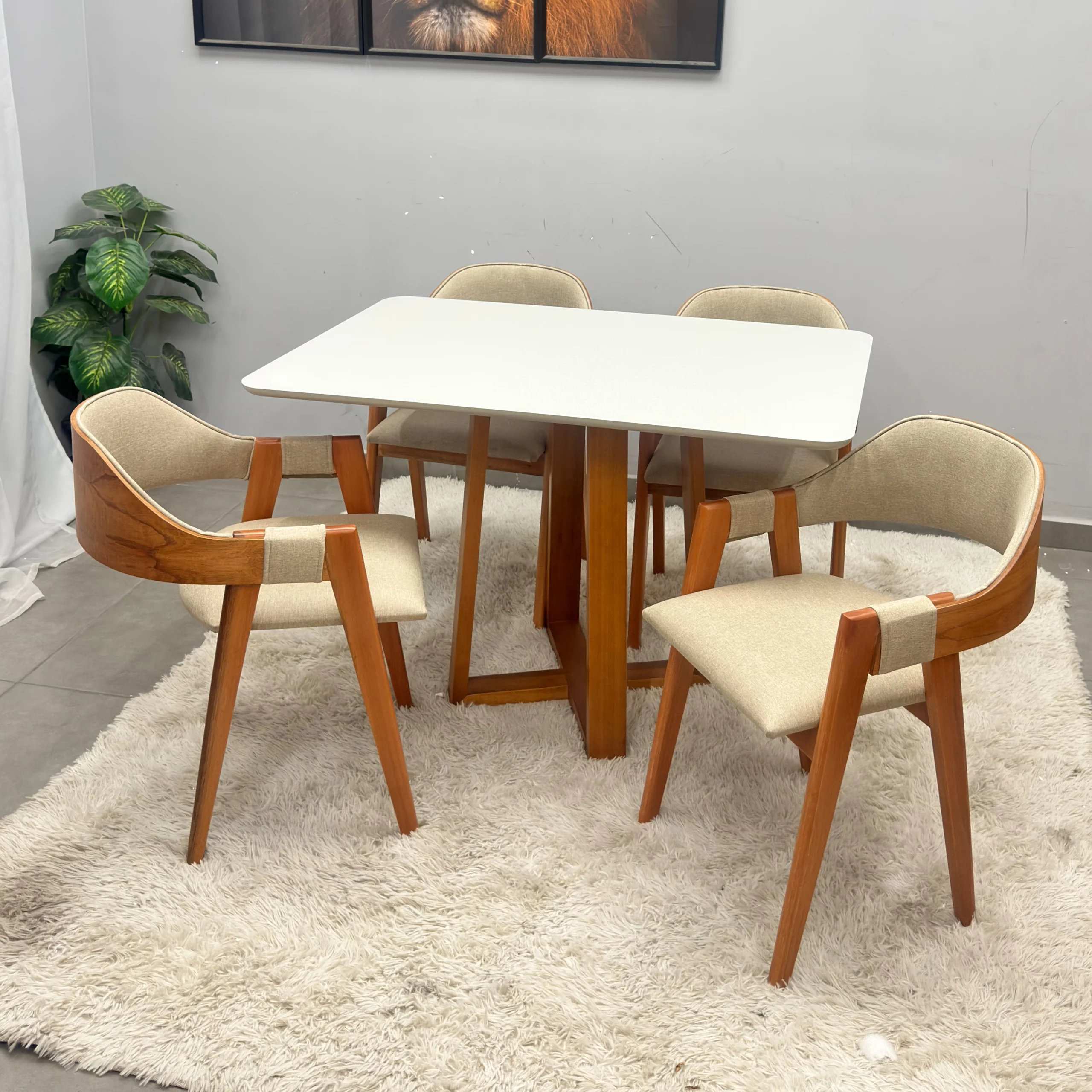 Mesa Bali 120 x 90 com 4 Cadeiras Pérola Linho