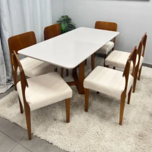 Mesa de Jantar Bali 160x80cm com Vidro e 6 Cadeiras Barcelona em Linho