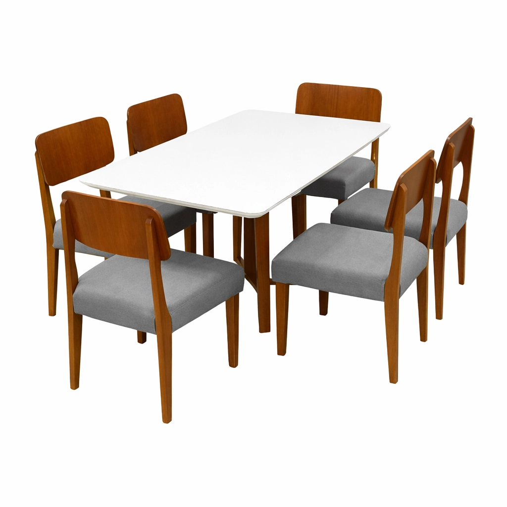 Mesa de Jantar Bali 160x80cm com Vidro e 6 Cadeiras Barcelona em Linho - Image 2