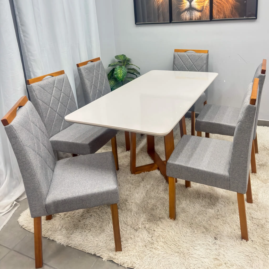 Mesa de Jantar Bali 160x80cm com Vidro e 6 Cadeiras California