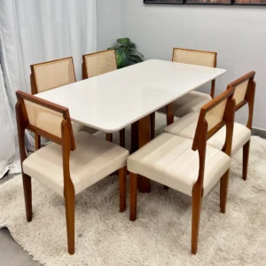 Mesa de Jantar Bali 160x80cm com Vidro e 6 Cadeiras Grecia em Linho