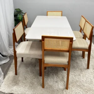 Mesa de Jantar Bali 160x80cm com Vidro e 6 Cadeiras Monalisa em Linho