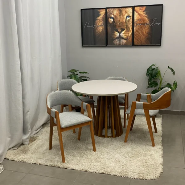 Mesa Berlim Redonda 100 x 100 com 4 Cadeiras Pérola Linho