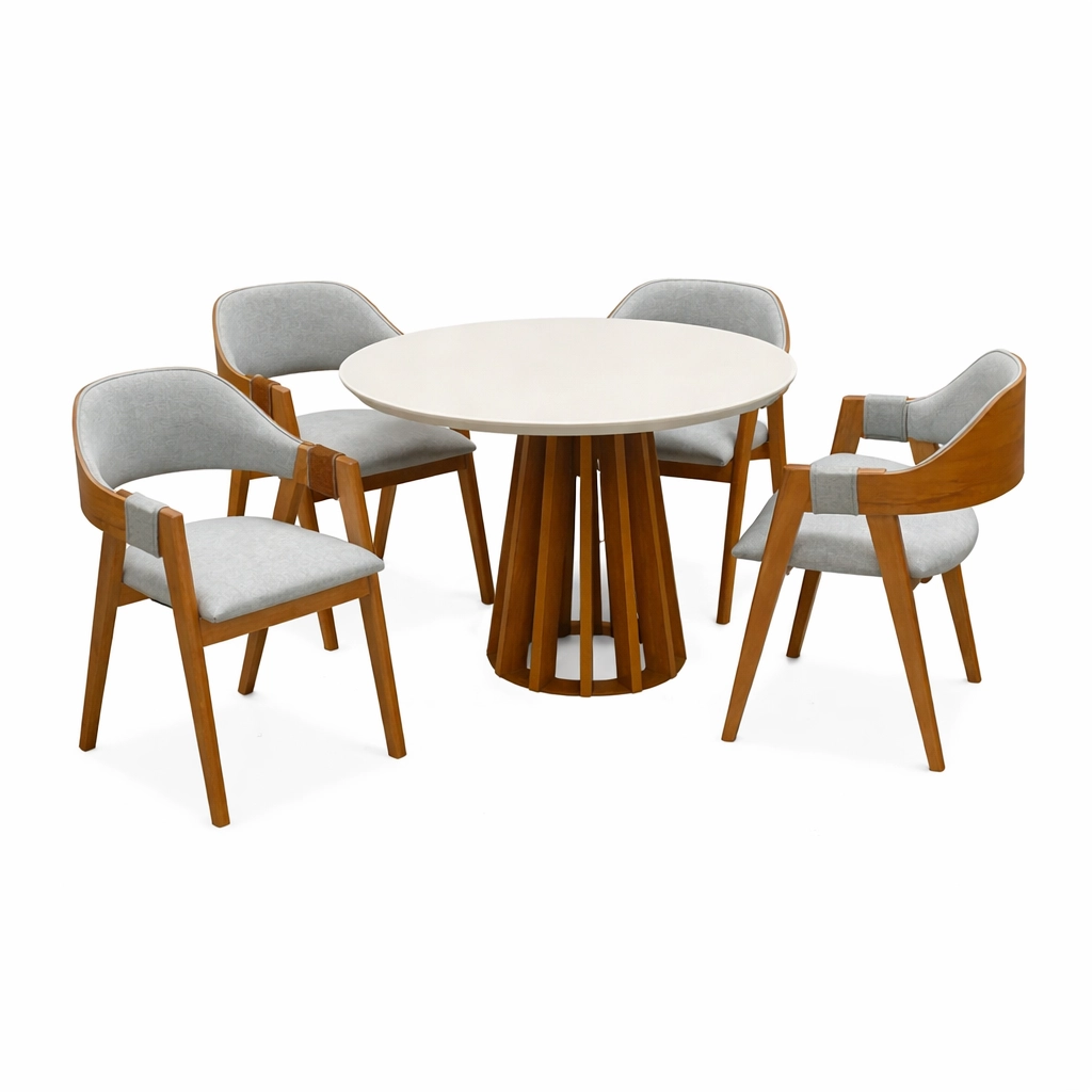 Mesa Berlim Redonda 100 x 100 com 4 Cadeiras Pérola Linho - Image 2