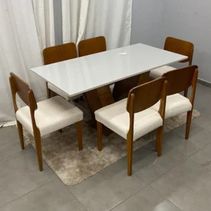 Mesa de Jantar Classic 160x80cm com Vidro e 6 Cadeiras Barcelona em Linho