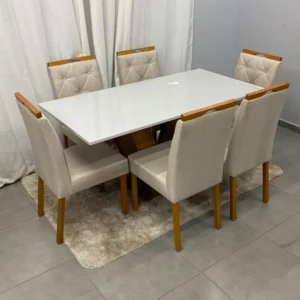 Mesa de Jantar Classic 160x80cm com Vidro e 6 Cadeiras Jasmim