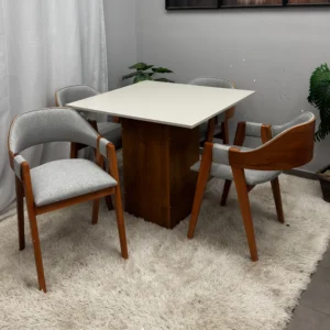 Mesa Dakota 90 x 90 ( Sem Vidro ) Com 4 Cadeiras Pérola em Linho