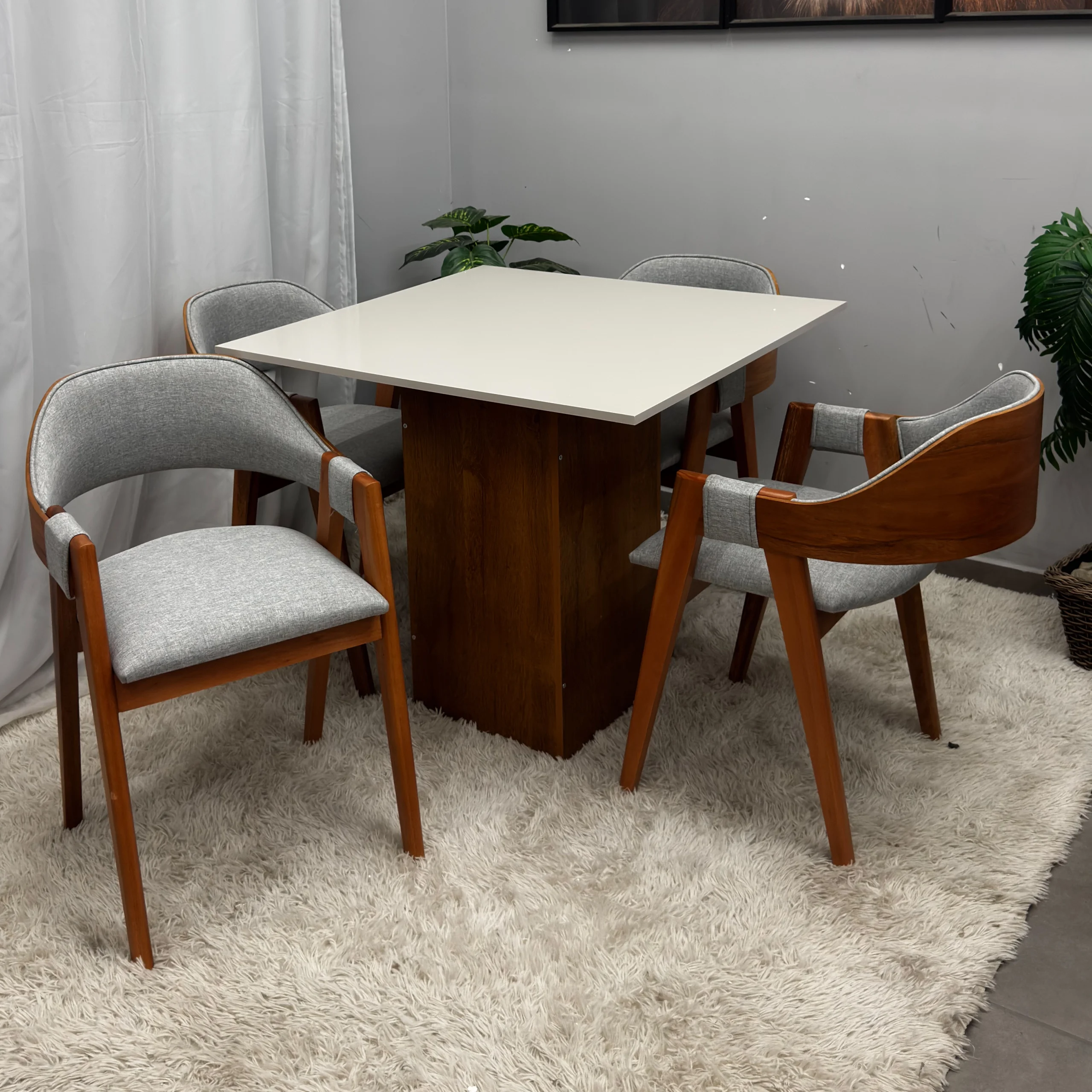 Mesa Dakota 90 x 90 ( Sem Vidro ) Com 4 Cadeiras Pérola em Linho