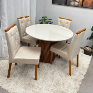 Mesa Dara Redonda Com Vidro 110 x 110 Com 4 Cadeiras Jasmim
