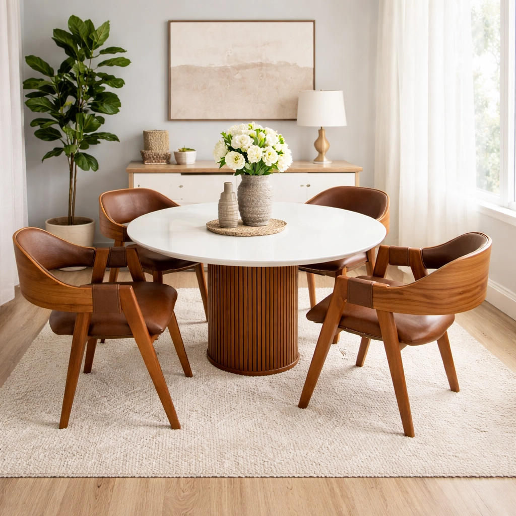 Mesa Dara Redonda Com Vidro 110 x 110 Com 4 Cadeiras Pérola em Corino
