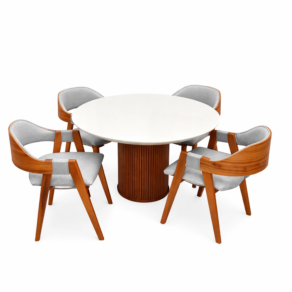 Mesa Dara Redonda Com Vidro 110 x 110 Com 4 Cadeiras Pérola em Linho - Image 2