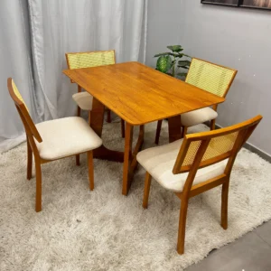 Mesa de Jantar Dubai Flex 120x80cm Sem Vidro e 4 Cadeiras Diamante em Linho Madeira Cel Móveis