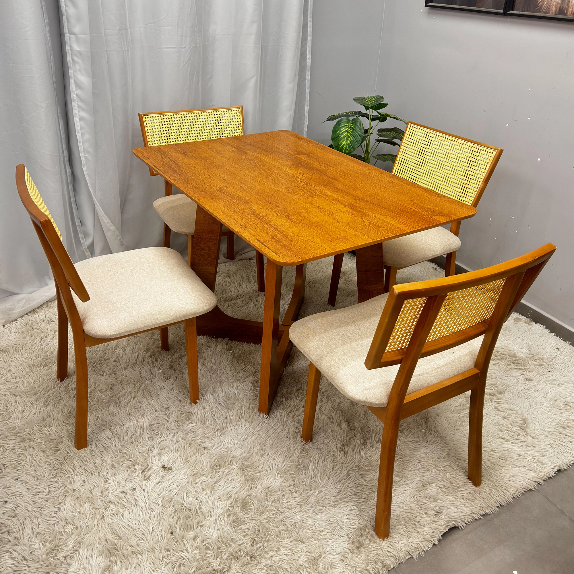 Mesa de Jantar Dubai Flex 120x80cm Sem Vidro e 4 Cadeiras Diamante em Linho Madeira Cel Móveis