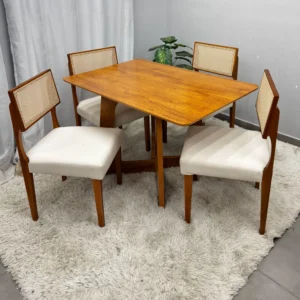 Mesa de Jantar Dubai Flex 120x80cm Sem Vidro e 4 Cadeiras Grecia em Linho Madeira Cel Móveis