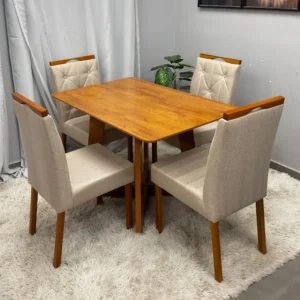 Mesa de Jantar Dubai Flex 120x80cm Sem Vidro e 4 Cadeiras Jasmim em Linho Estofadas Cel Móveis