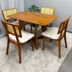 Mesa de Jantar Dubai Flex 120x80cm Sem Vidro e 4 Cadeiras Livia em Linho Madeira Cel Móveis