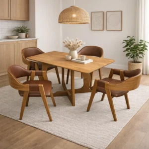 Mesa de Jantar Dubai Flex 120x80cm Sem Vidro e 4 Cadeiras Perola em Corino Madeira Cel Móveis