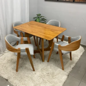 Mesa de Jantar Dubai Flex 120x80cm Sem Vidro e 4 Cadeiras Perola em Linho Madeira Cel Móveis