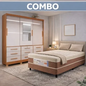Combo - Roupeiro Athenas 3 Portas Nature/Off C/Espelho e Pés Larg. 1.80m Bianchi + Unibox Box Casal Ortopédico D33 Rondoconfort | Suporta até 300kg
