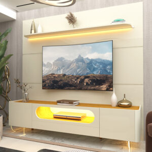 Painel Royal 220 Off White + Rack Nobre 210 Off White/Naturale – GELIUS   – Fabricante: Gelius – Cores: Off White/Naturale – Gavetas com corrediças telescópicas – Rack com cantos e nicho curvos – LED em cor quente com difusor – Prateleira com cantos curvos – Veios decorativos de 42 mm – Painel em 100% MDF – Suporta TV até 85″ – Pés de madeira – Pintura UV   Medidas Altura: 195 cm Largura: 219 cm Profundidade: 43,5 cm