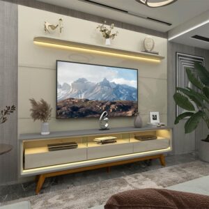 Painel até 85″ Royal 220 Off White + Rack Requinte 212 Cinza/Off White – GELIUS
