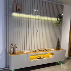 Painel até 85″ Nobre 230 Off White + Rack Nobre 210 (Pés de Vidro) Off White/Naturale – GELIUS