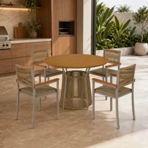 Mesa Roma Redonda 120cm com 4 Cadeiras Viena em Corda Náutica Paonanda
